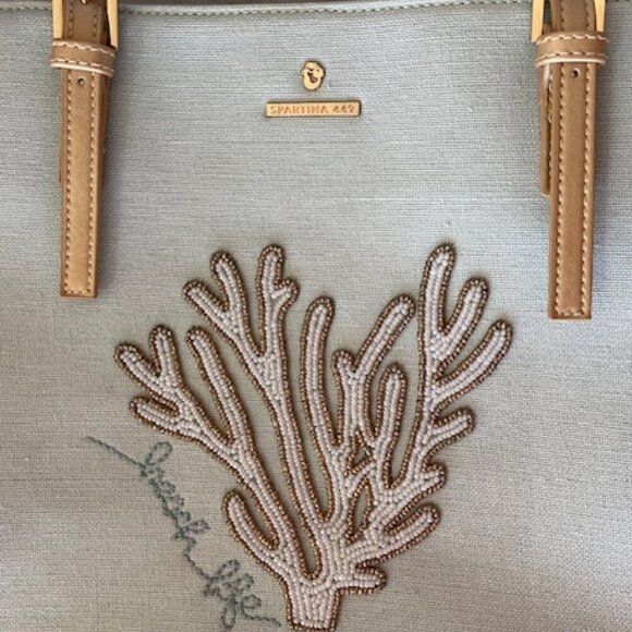 SPARTINA 449 beach life Beaded Coral Linen Blue Gold Tote Shoulder Bag - Picture 8 of 17